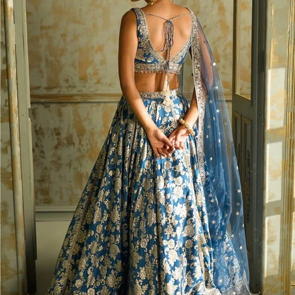 Elegant Blue and Gold Lehenga - Picture 2 of 3